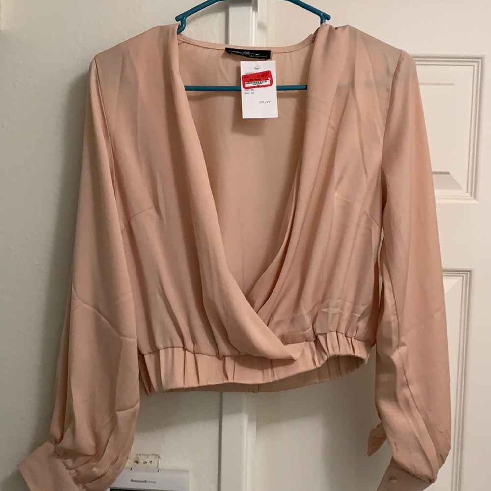 Beige, deep V neck, long sleeve, size S